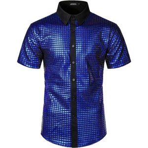 Mens 70s Disco Costume Silver Sequins Short Sleeve Button Down Shirts,Royal Blue
